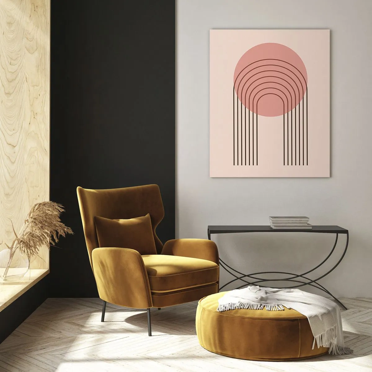 Quadro su vetro - Motivo astratto con cerchio rosa e linee - 70x100cm - Attrazione irresistibile - Decorazione murale moderna per soggiorno e camera da letto ARTTOR