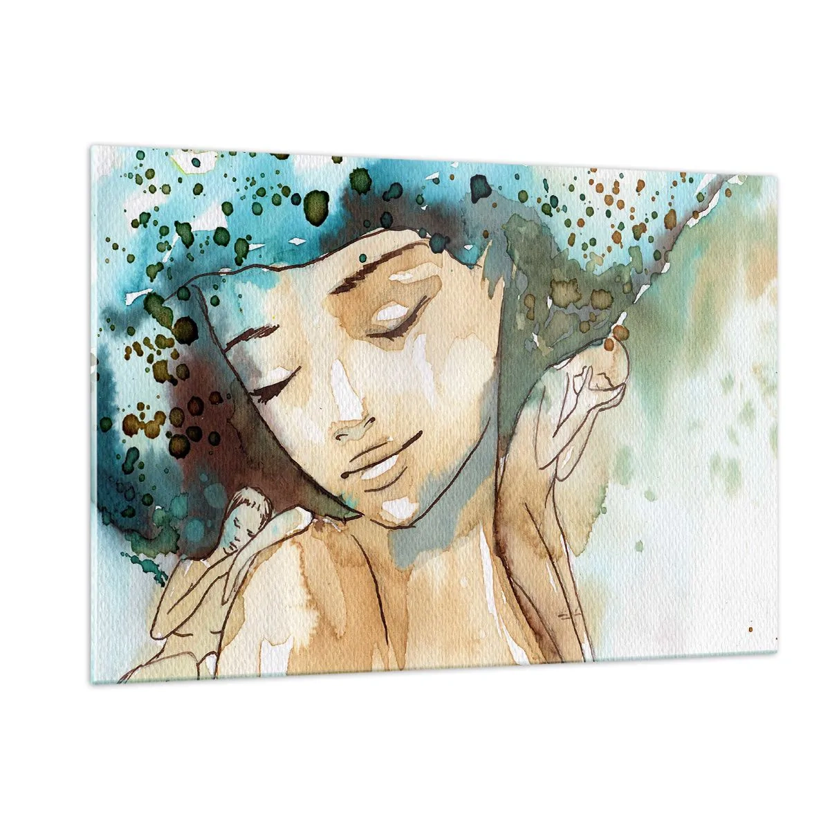 Quadro su vetro - Ritratto ad acquerello di una donna con gli occhi chiusi - 120x80cm - Lady in blue - Decorazione murale moderna per soggiorno e camera da letto ARTTOR
