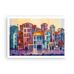 Poster - Case popolari colorate in riva all'acqua in stile artistico - 100x70cm - Una città da favola - Decorazione murale moderna per soggiorno e camera da letto ARTTOR