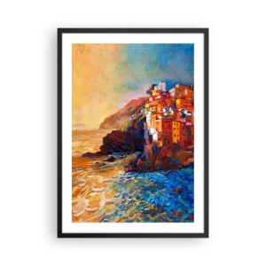Poster in cornice nera - Edifici colorati che si affacciano sulla scogliera e sul mare al tramonto - 50x70cm - Atmosfera italiana - Decorazione murale moderna per soggiorno e camera da letto ARTTOR