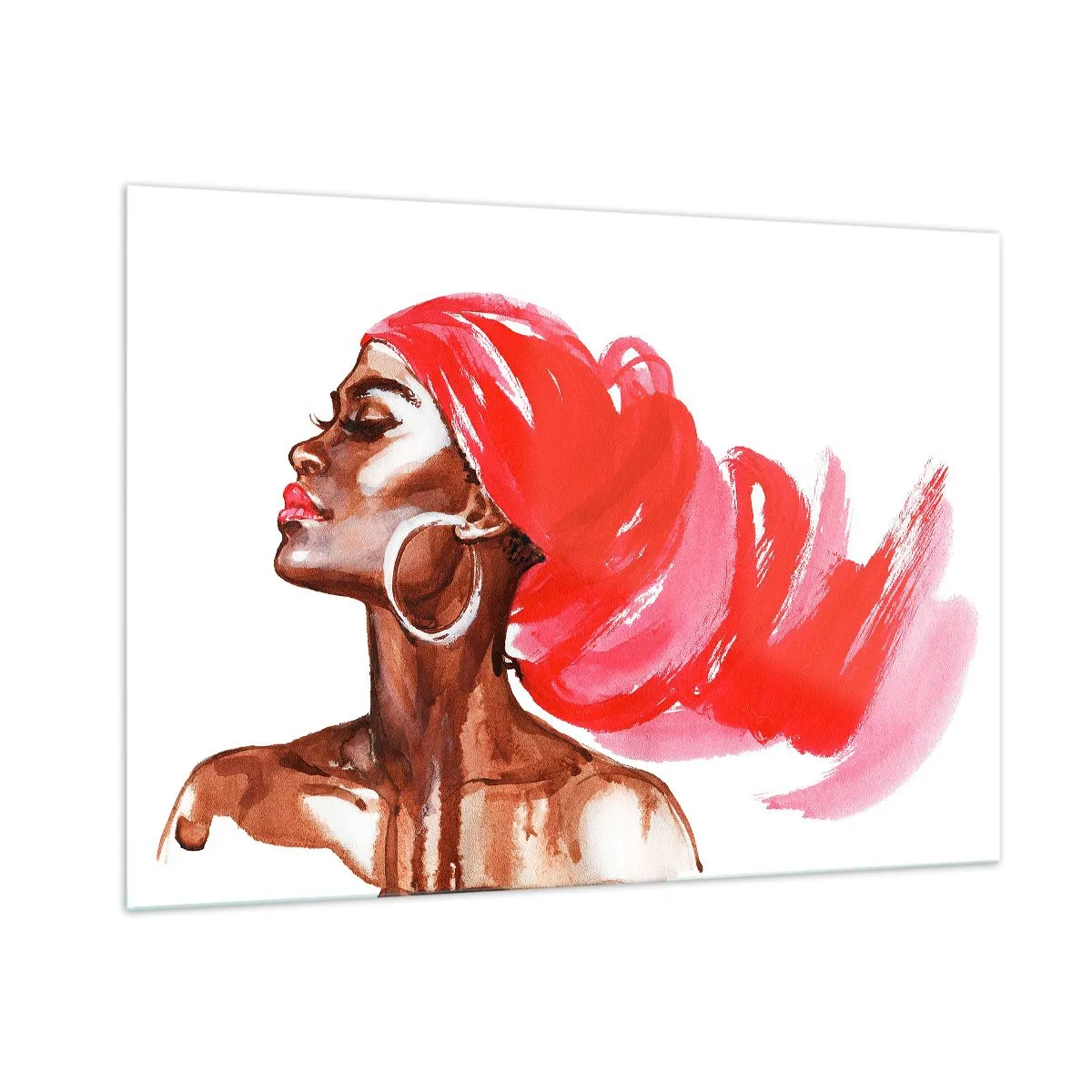 Quadro su vetro - Ritratto ad acquerello di una donna con un turbante rosso - 100x70cm - C'è un vento che allarga le narici dell'uomo - Decorazione murale moderna per soggiorno e camera da letto ARTTOR
