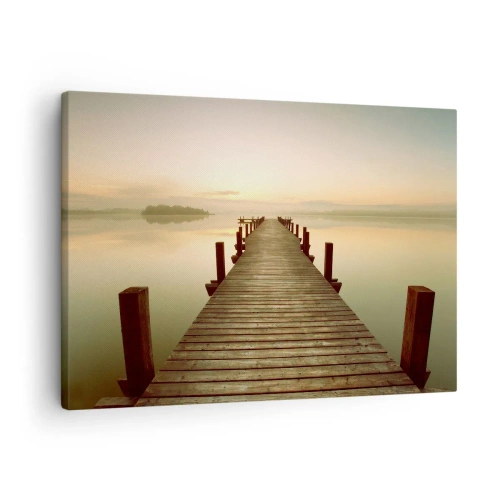 Quadro su tela - Stampe su Tela - Un molo di legno su un lago calmo al mattino - 70x50cm - Aurora, alba, luce - Decorazione murale moderna per soggiorno e camera da letto ARTTOR