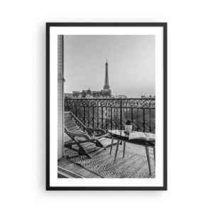 Poster in cornice nera - Vista della Torre Eiffel da un elegante balcone parigino - 50x70cm - Pomeriggio parigino - Decorazione murale moderna per soggiorno e camera da letto ARTTOR
