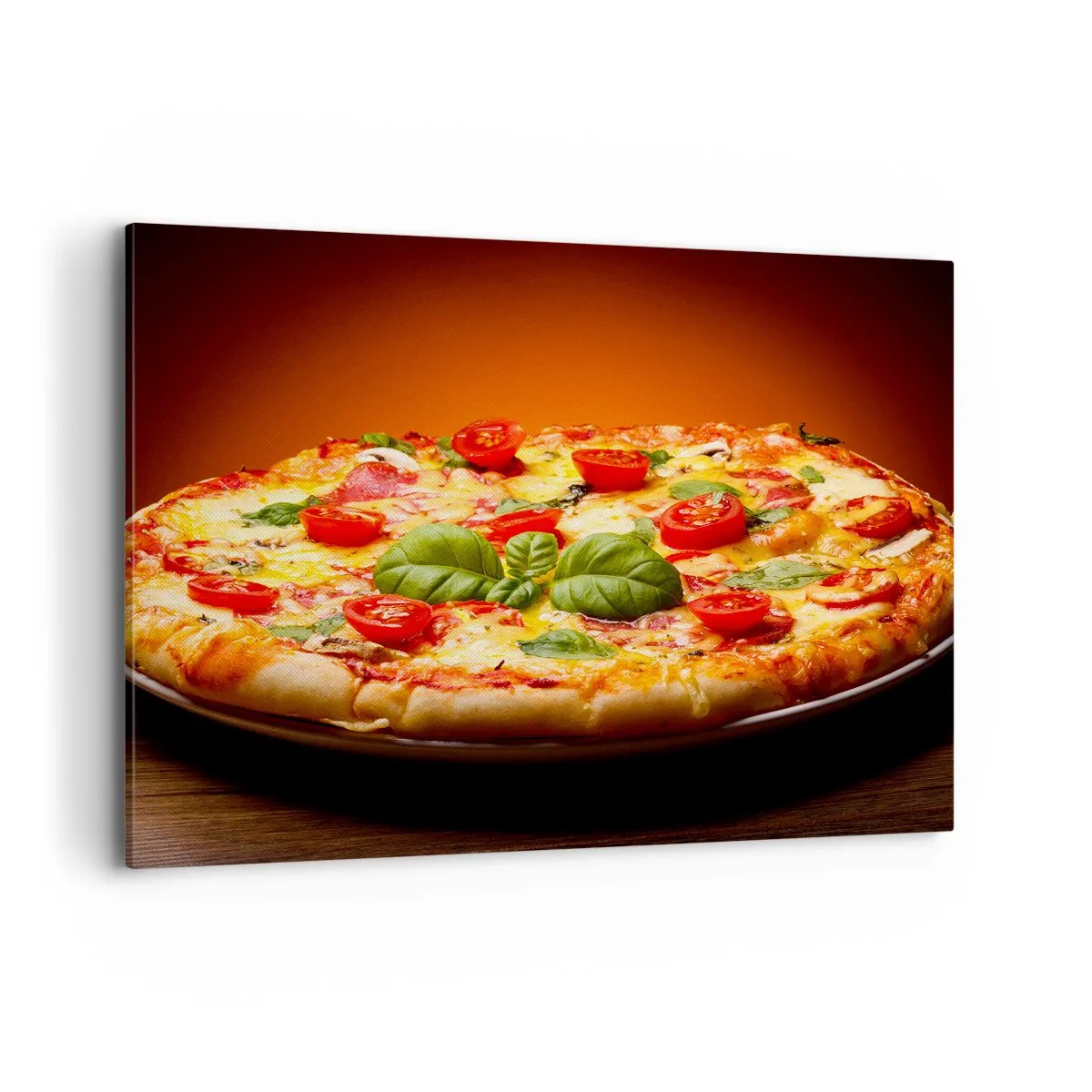 Quadro su tela - Stampe su Tela - Pizza con pomodori e basilico su un tavolo di legno - 100x70cm - Mamma mia! - Decorazione murale moderna per soggiorno e camera da letto ARTTOR