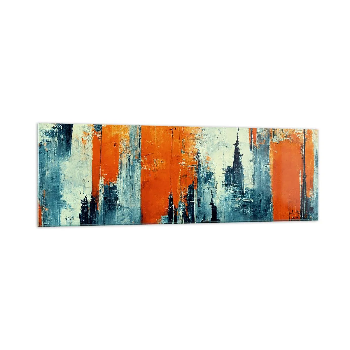 Quadro su vetro - Paesaggio urbano astratto nei toni dell'arancione e del blu - 160x50cm - Paesaggio moderno - Decorazione murale moderna per soggiorno e camera da letto ARTTOR