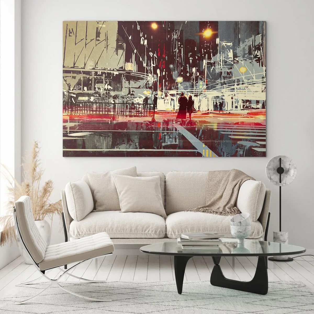 Quadro su vetro - Paesaggio urbano notturno con luci al neon e sagome di passanti - 70x50cm - Viaggio nella grande città - Decorazione murale moderna per soggiorno e camera da letto ARTTOR