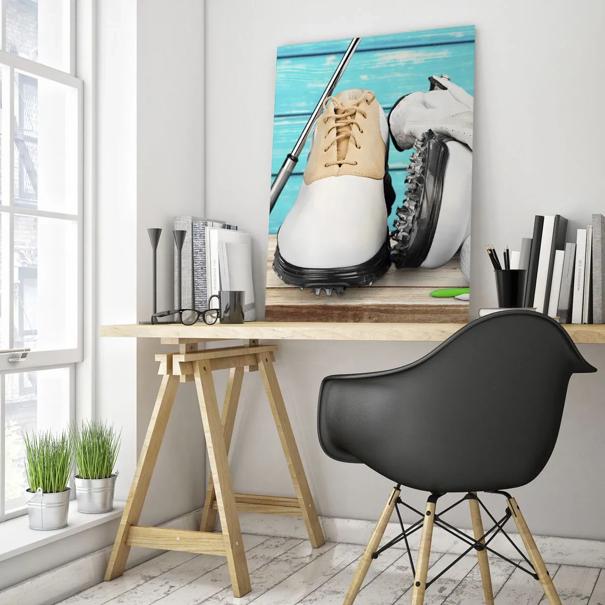 Quadro su vetro - Un set di accessori da golf su uno sfondo di legno - 80x120cm - Tutto è pronto - Decorazione murale moderna per soggiorno e camera da letto ARTTOR