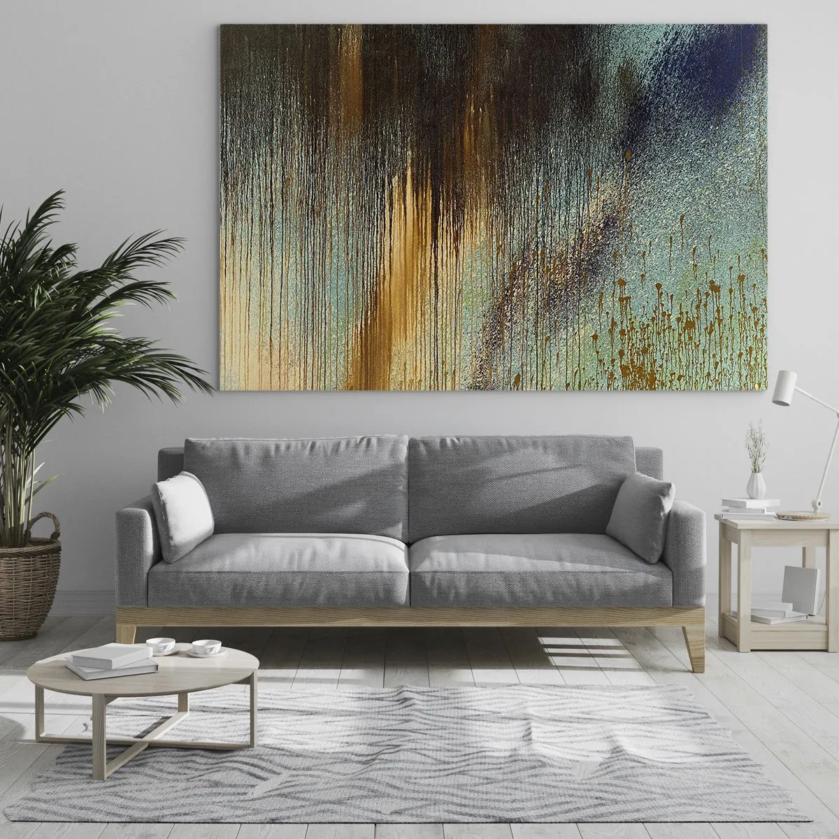 Quadro su vetro - Linee astratte e macchie in oro, blu e nero - 100x70cm - Composizione cromatica non casuale - Decorazione murale moderna per soggiorno e camera da letto ARTTOR