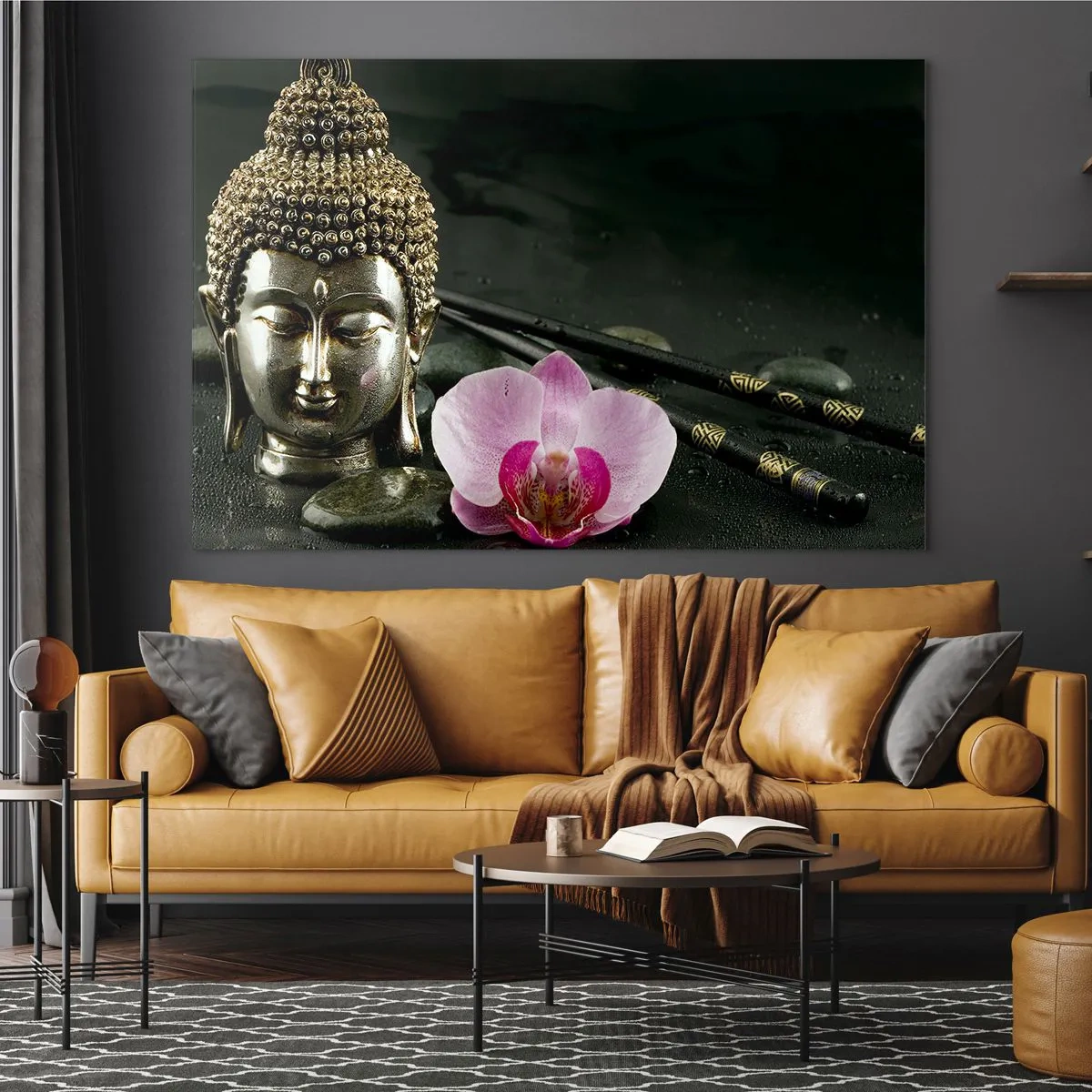 Quadro su vetro - Testa buddista con un fiore rosa su uno sfondo di pietre - 70x50cm - Armonia di saggezza e bellezza - Decorazione murale moderna per soggiorno e camera da letto ARTTOR