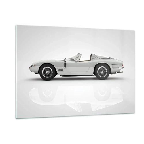 Quadro su vetro - Una classica decappottabile bianca su uno sfondo minimalista con riflessi. - 120x80cm - Promessa di divertimento - Decorazione murale moderna per soggiorno e camera da letto ARTTOR