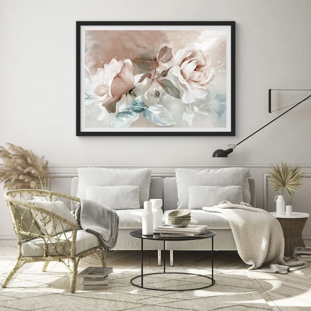 Poster in cornice nera - Delicate rose in tonalità pastello su uno sfondo chiaro - 70x50cm - Lo spirito del romanticismo - Decorazione murale moderna per soggiorno e camera da letto ARTTOR