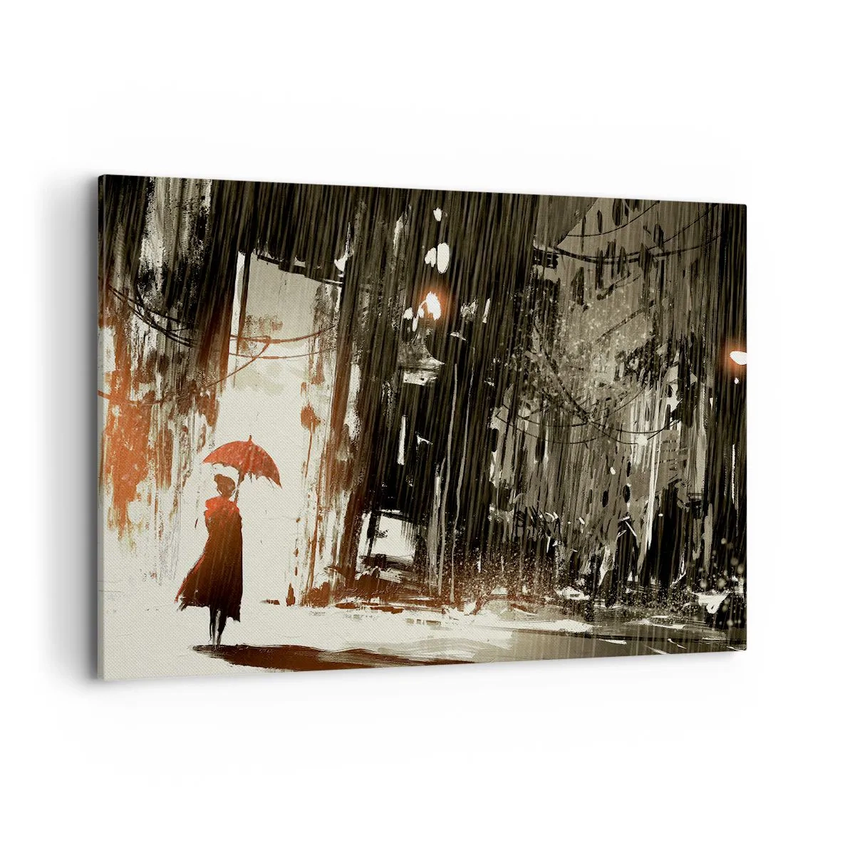Quadro su tela - Stampe su Tela - Una figura rossa con un ombrello in una scena piovosa - 100x70cm - La poesia dell'ombrello rosso - Decorazione murale moderna per soggiorno e camera da letto ARTTOR