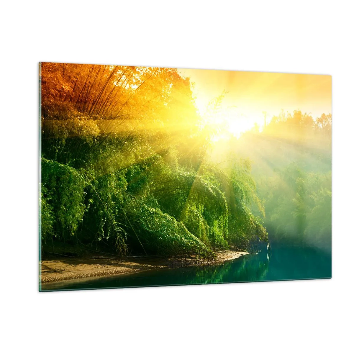 Quadro su vetro - Raggi di sole sulla vegetazione verde lungo il fiume - 120x80cm - Immergersi nel sole e nell'ombra - Decorazione murale moderna per soggiorno e camera da letto ARTTOR