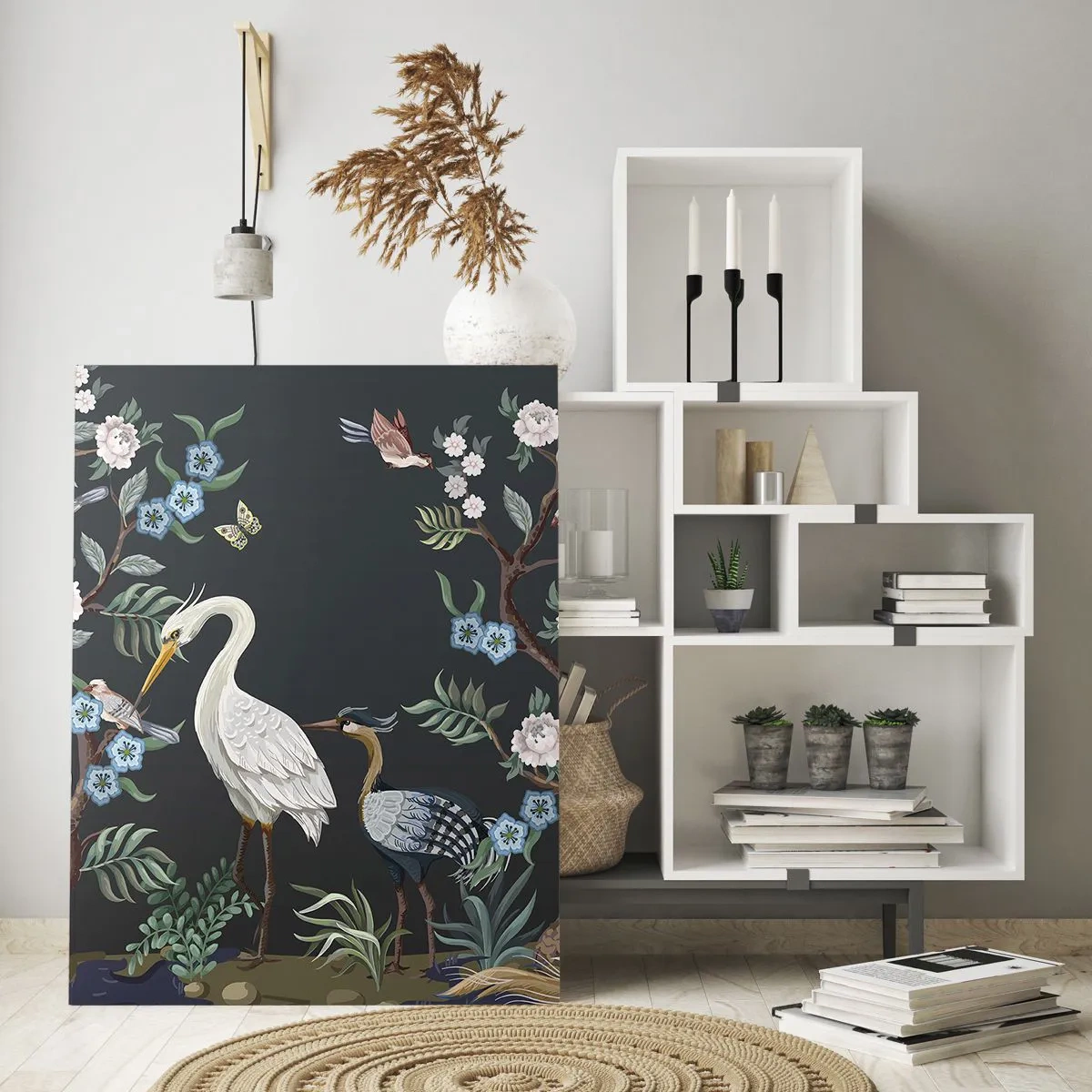 Quadro su vetro - Uccelli e piante dipinti su uno sfondo scuro con un motivo elegante - 80x120cm - La parata degli uccelli - Decorazione murale moderna per soggiorno e camera da letto ARTTOR