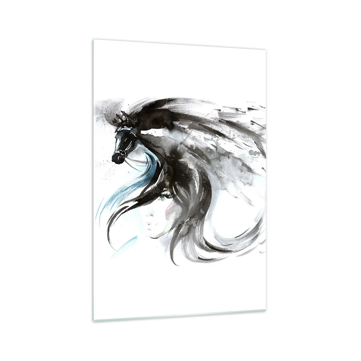 Quadro su vetro - Una donna e un cavallo in un acquerello mistico e pieno di dinamiche - 70x100cm - Il galoppo del Principe Nero - Decorazione murale moderna per soggiorno e camera da letto ARTTOR