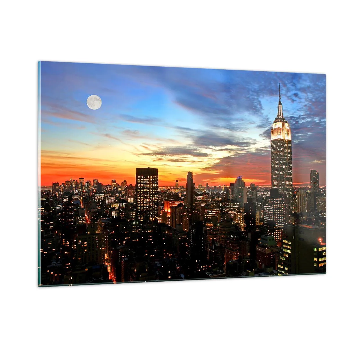 Quadro su vetro - Panorama notturno della città con edifici illuminati - 120x80cm - Luminosa notte americana - Decorazione murale moderna per soggiorno e camera da letto ARTTOR