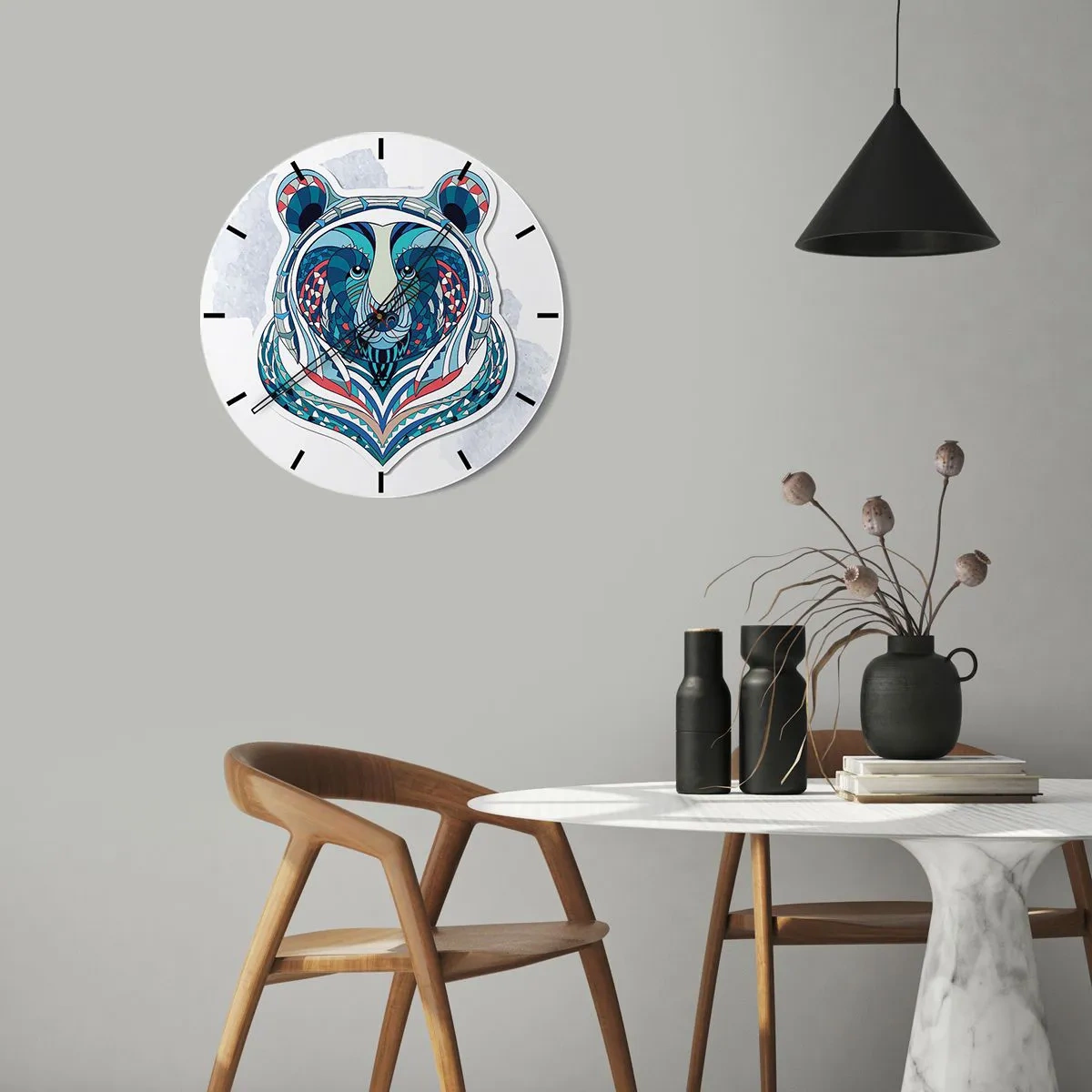 Orologio da parete - Orologio in Vetro - Orso colorato in stile geometrico su sfondo bianco - 30x30cm - Evviva la Groenlandia! - Decorazione murale moderna per soggiorno, cucina e camera da letto ARTTOR
