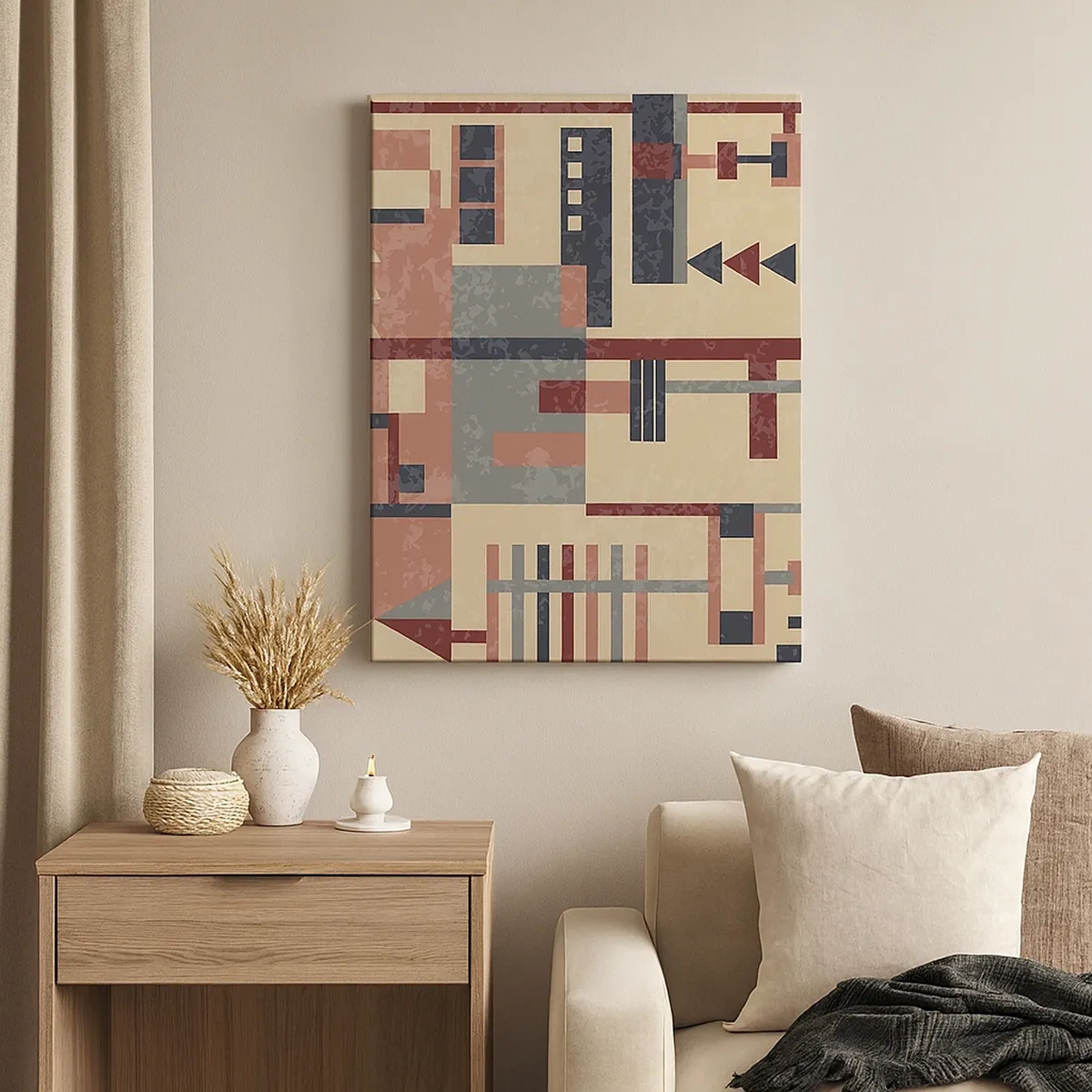 Quadro su tela - Stampe su Tela - Motivo geometrico nei toni pastello del beige, rosso e grigio - 50x70cm - Combinazione di orizzontali e verticali - Decorazione murale moderna per soggiorno e camera da letto ARTTOR