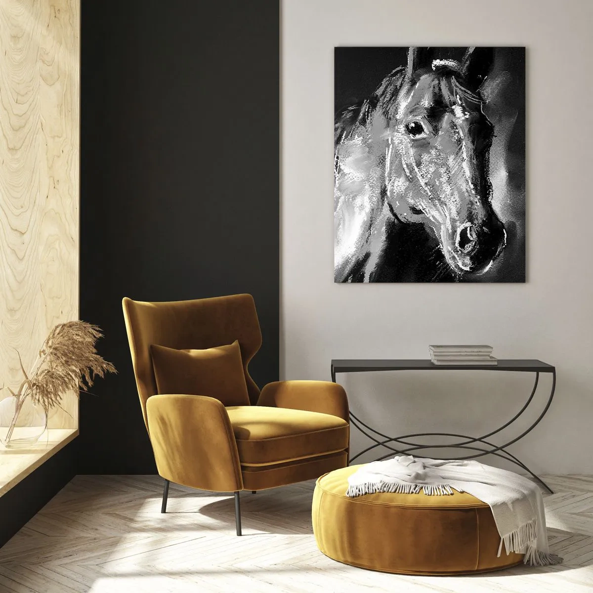 Quadro su vetro - Ritratto di un cavallo nei toni del bianco e nero su sfondo scuro - 50x70cm - Splendore di un'anima nobile - Decorazione murale moderna per soggiorno e camera da letto ARTTOR