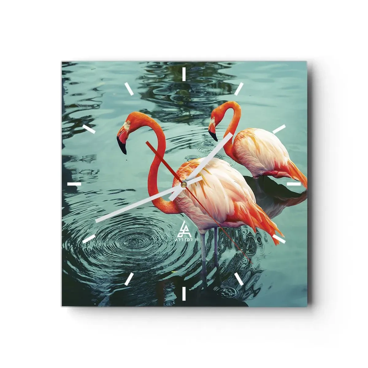 Orologio da parete - Orologio in Vetro - Due fenicotteri nell'acqua calma riflettono l'ambiente circostante - 30x30cm - Adesso siamo di moda - Decorazione murale moderna per soggiorno e camera da letto ARTTOR