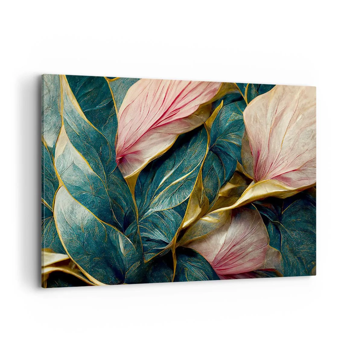 Quadro su tela - Stampe su Tela - Eleganti foglie in verde, oro e rosa - 100x70cm - Stile ed eleganza naturali - Decorazione murale moderna per soggiorno e camera da letto ARTTOR