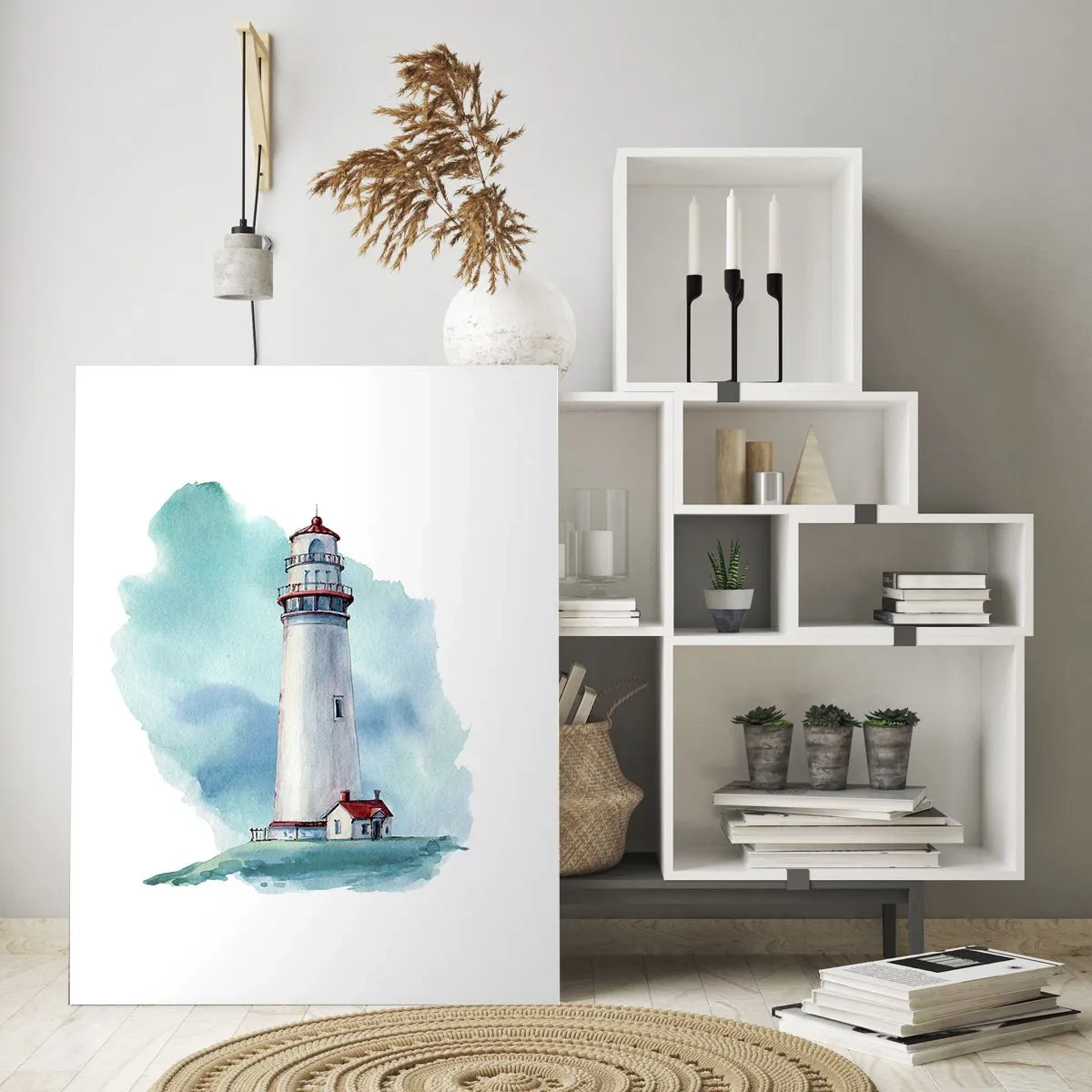 Quadro su vetro - Un faro su uno sfondo blu acquerello - 80x120cm - Il mite amico del blu - Decorazione murale moderna per soggiorno e camera da letto ARTTOR