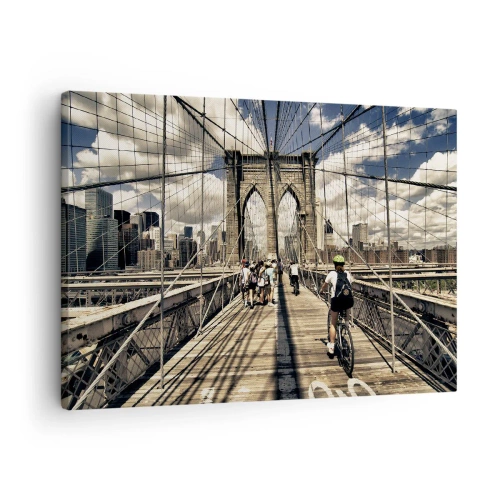 Quadro su tela - Stampe su Tela - Ponte di Brooklyn con vista su pedoni e ciclisti - 70x50cm - Dritto al cuore della città - Decorazione murale moderna per soggiorno e camera da letto ARTTOR