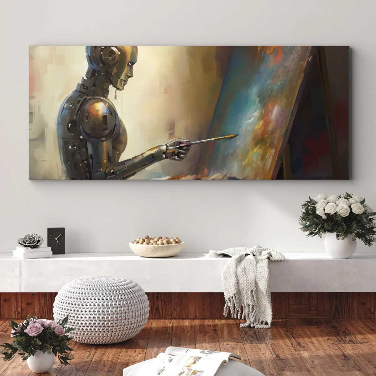 Quadro su tela - Stampe su Tela - Un robot che dipinge su una tela in stile artistico - 160x50cm - L'arte del futuro - Decorazione murale moderna per soggiorno e camera da letto ARTTOR
