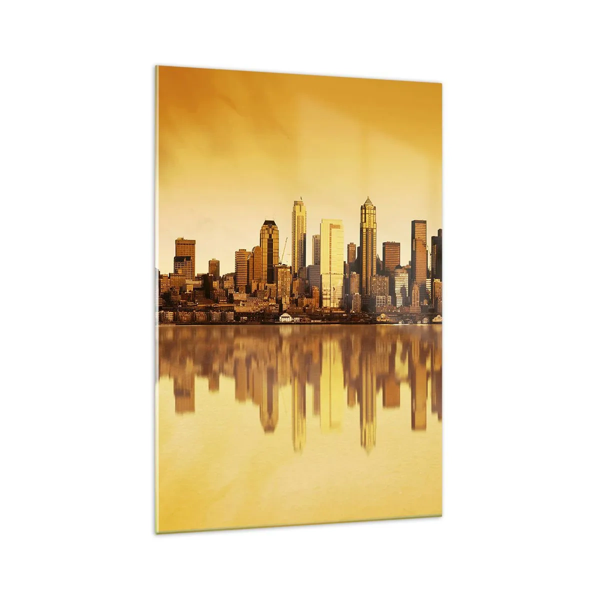 Quadro su vetro - Panorama della città riflesso nell'acqua al tramonto - 70x100cm - Silenzio della metropoli - Decorazione murale moderna per soggiorno e camera da letto ARTTOR