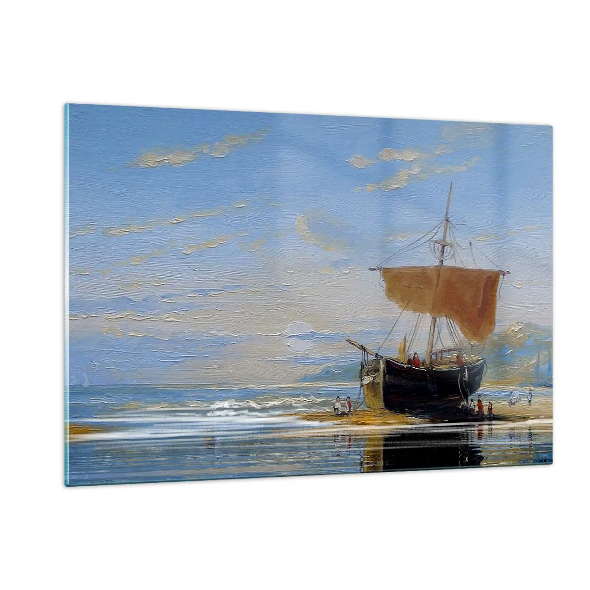 Quadro su vetro - Una nave con una vela sulla riva in stile pittorico - 120x80cm - Acqua, terra, aria - Decorazione murale moderna per soggiorno e camera da letto ARTTOR