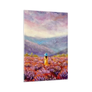 Quadro su vetro - Una donna con un cappello cammina in un campo di lavanda. - 70x100cm - Nel mondo di lavanda - Decorazione murale moderna per soggiorno e camera da letto ARTTOR