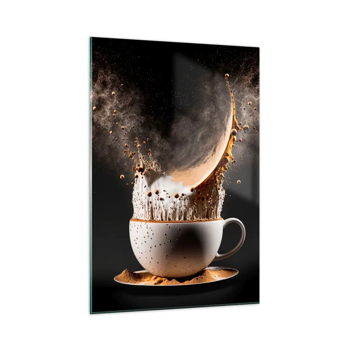 Quadro su vetro - Una tazza di caffè con un'esplosione dinamica di liquido su uno sfondo nero. - 70x100cm - Esplosione di sapore - Decorazione murale moderna per soggiorno e camera da letto ARTTOR