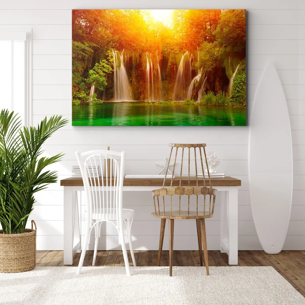 Quadro su tela - Stampe su Tela - Cascate immerse nel verde al chiarore del sole al tramonto - 70x50cm - Al sole e all'ombra - Decorazione murale moderna per soggiorno e camera da letto ARTTOR