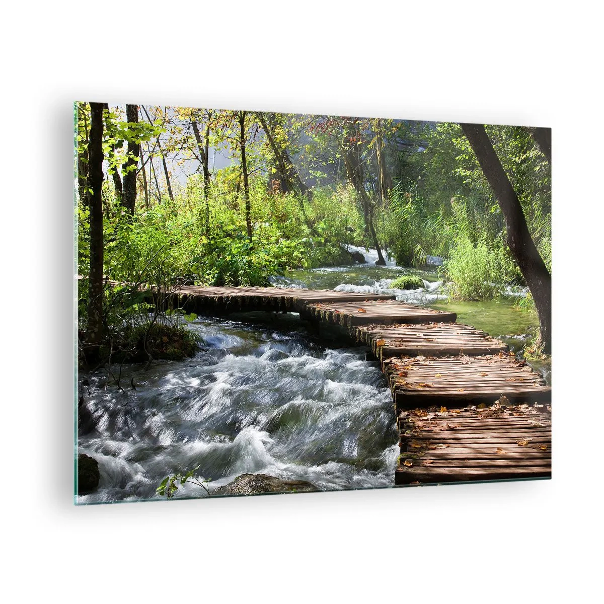 Quadro su vetro - Un ponte di legno sopra un ruscello impetuoso - 70x50cm - Sulla cascata spumeggiante - Decorazione murale moderna per soggiorno e camera da letto ARTTOR