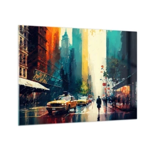 Quadro su vetro - Taxi colorati e grattacieli su una strada cittadina bagnata - 70x50cm - New York: qui anche la pioggia è colorata - Decorazione murale moderna per soggiorno e camera da letto ARTTOR