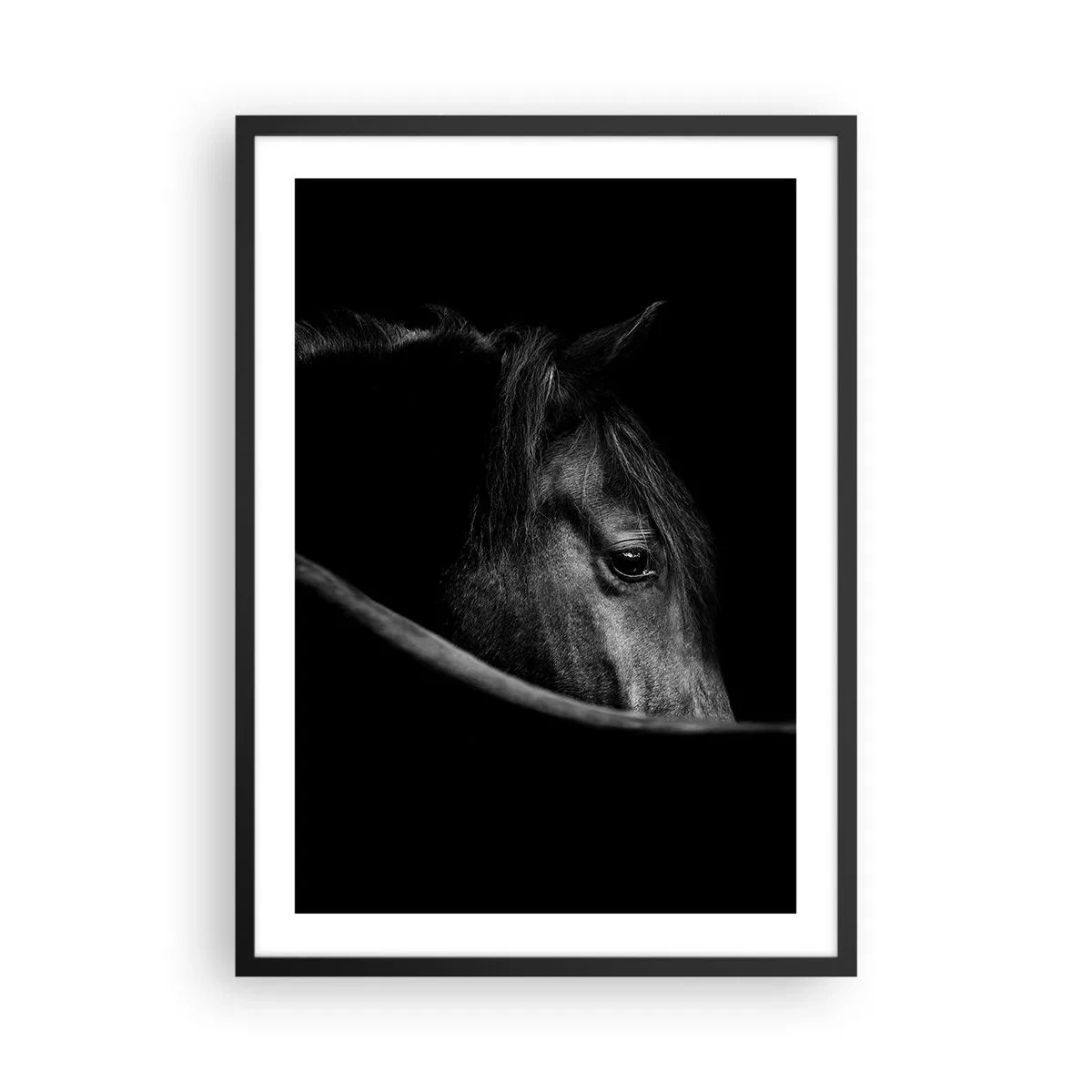 Poster in cornice nera - Ritratto in bianco e nero di un cavallo in un approccio artistico - 50x70cm - Il principe nero - Decorazione murale moderna per soggiorno e camera da letto ARTTOR