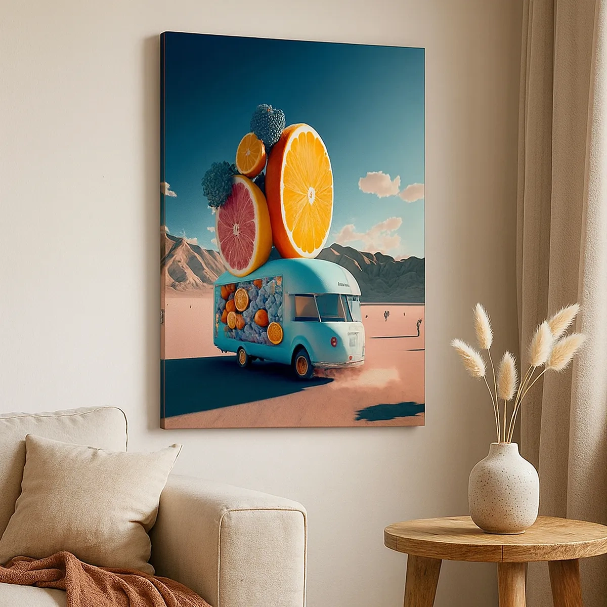 Quadro su tela - Stampe su Tela - Camion della frutta in un paesaggio desertico - 50x70cm - Il sapore delle vacanze - Decorazione murale moderna per soggiorno e camera da letto ARTTOR