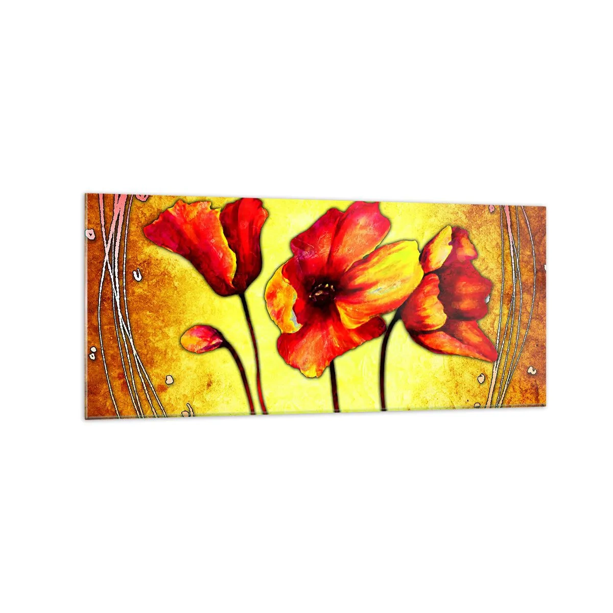 Quadro su vetro - Fiori rossi e gialli su sfondo oro con motivi decorativi - 120x50cm - Decorazione Art Nouveau - Decorazione murale moderna per soggiorno e camera da letto ARTTOR