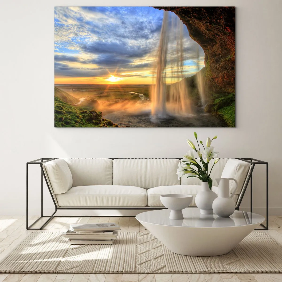 Quadro su vetro - Cascata con vista sul tramonto e sulla valle - 70x50cm - Il mondo dietro una tenda di gocce - Decorazione murale moderna per soggiorno e camera da letto ARTTOR