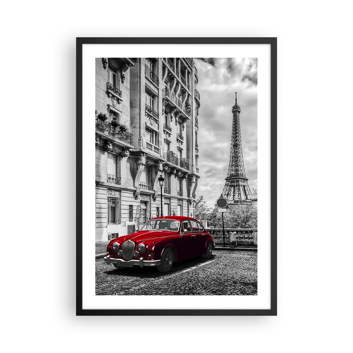 Poster in cornice nera - Un'auto rossa con la Torre Eiffel sullo sfondo - 50x70cm - Predatore in città - Decorazione murale moderna per soggiorno e camera da letto ARTTOR