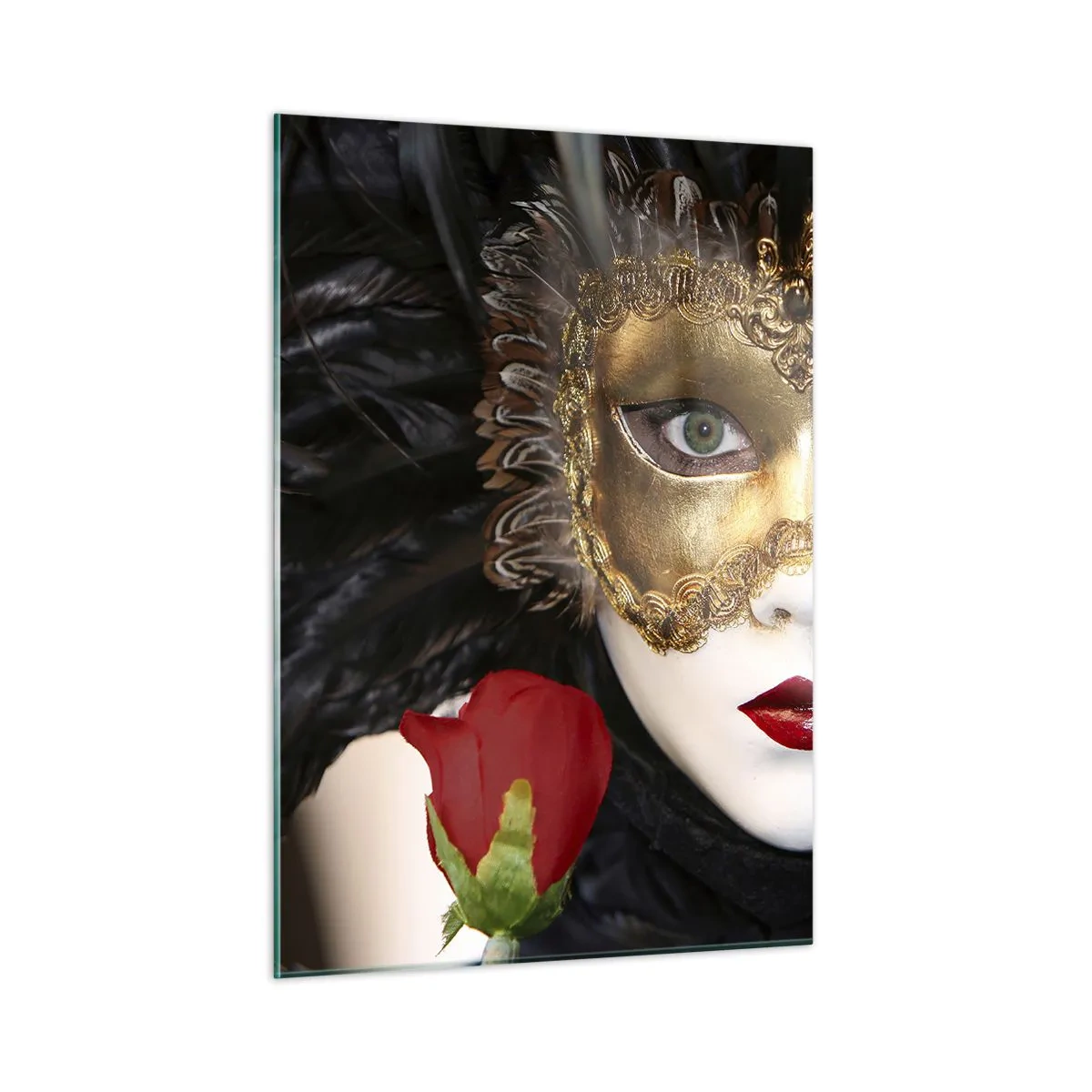 Quadro su vetro - Maschera di carnevale con una rosa rossa - 50x70cm - Perché la vita è un grande ballo - Decorazione murale moderna per soggiorno e camera da letto ARTTOR
