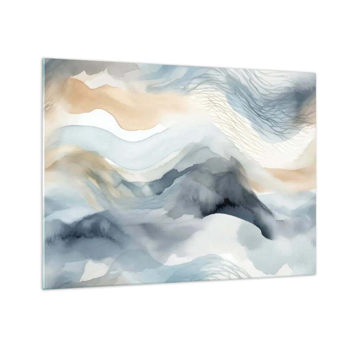 Quadro su vetro - Onde astratte nei toni del beige e del blu - 70x50cm - Astrazione nevosa e nebbiosa - Decorazione murale moderna per soggiorno e camera da letto ARTTOR