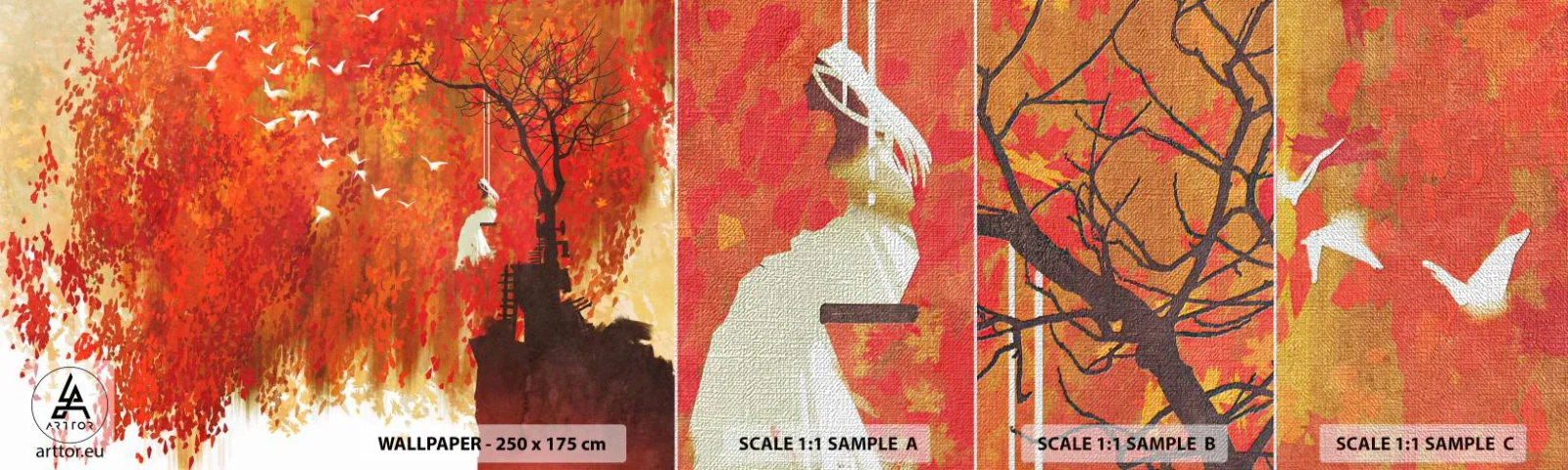 Campione di Fotomurale Premium Canvas - Voli con noi? - Astrazione, Donna, Uccelli - 100x30 cm