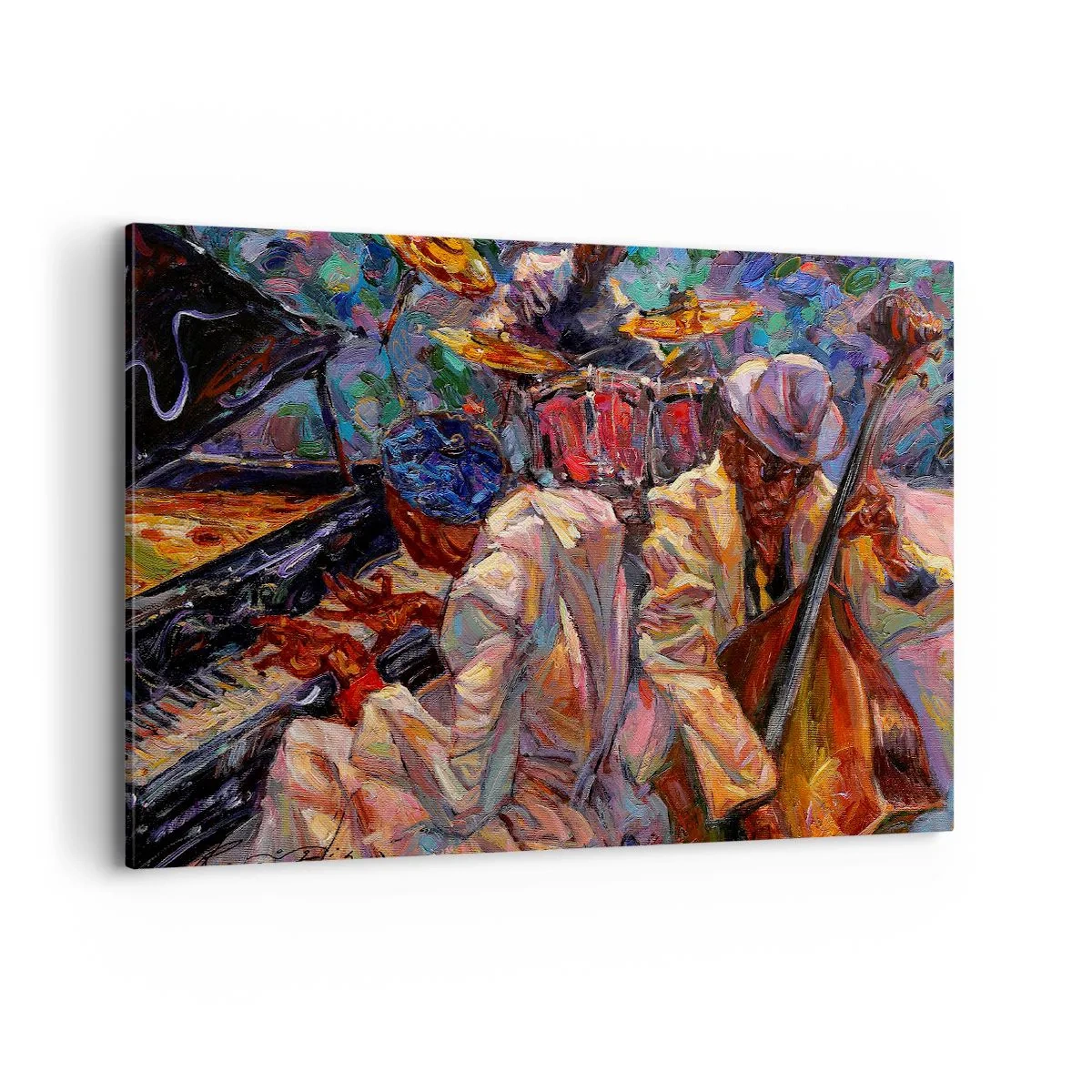 Quadro su tela - Stampe su Tela - Scena jazz energica con musicisti e strumenti - 100x70cm - In un unico ritmo - Decorazione murale moderna per soggiorno e camera da letto ARTTOR
