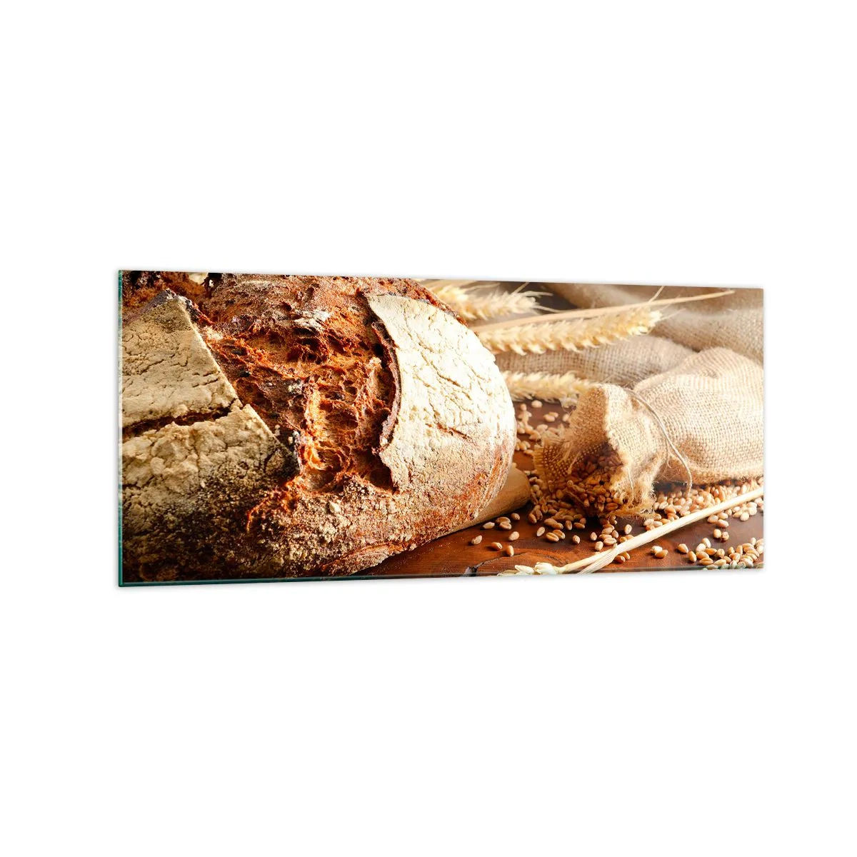 Quadro su vetro - Pane croccante con cereali e spighe di grano su fondo in legno - 120x50cm - Appetitoso, profumato, croccante - Decorazione murale moderna per soggiorno e camera da letto ARTTOR