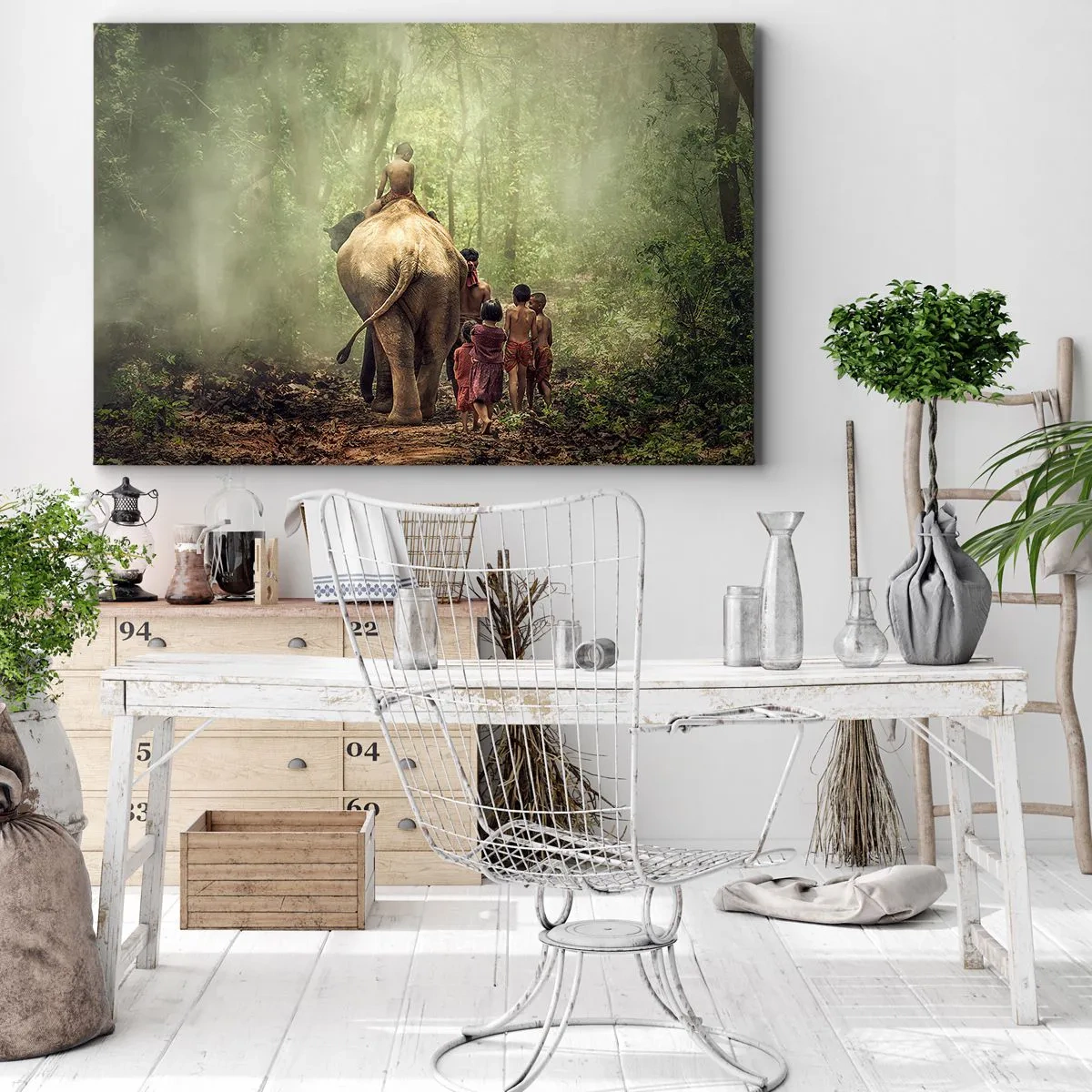 Quadro su tela - Stampe su Tela - Bambini con un elefante in una foresta verde alla luce del mattino - 120x80cm - Il nuovo Libro della Giungla - Decorazione murale moderna per soggiorno e camera da letto ARTTOR