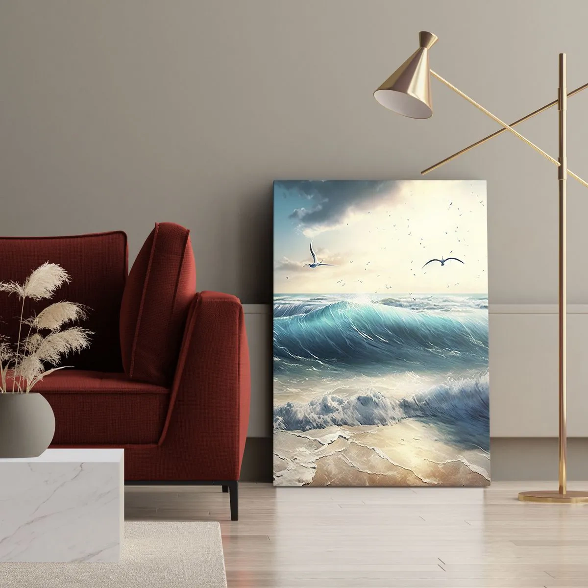 Quadro su tela - Stampe su Tela - Onde del mare sulla spiaggia sotto un cielo azzurro con gabbiani - 50x70cm - Mormora solo per te - Decorazione murale moderna per soggiorno e camera da letto ARTTOR