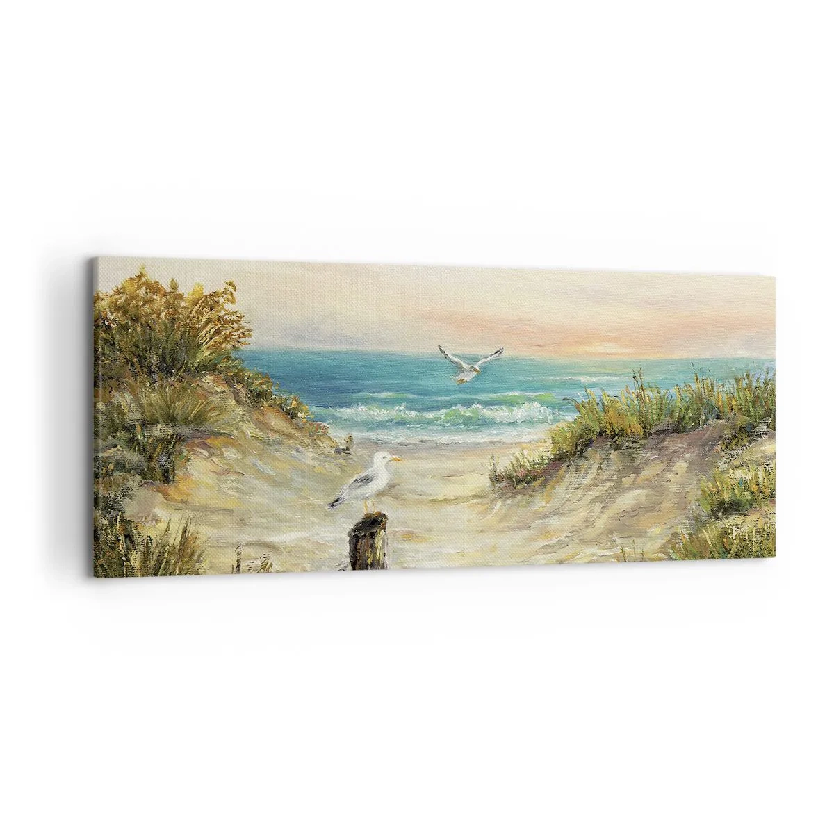 Quadro su tela - Stampe su Tela - Costa con gabbiani e dune al tramonto - 120x50cm - Silenzio senza vento - Decorazione murale moderna per soggiorno e camera da letto ARTTOR