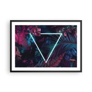 Poster in cornice nera - Un triangolo al neon circondato da foglie tropicali dai colori scuri. - 70x50cm - Giardino in stile discoteca - Decorazione murale moderna per soggiorno e camera da letto ARTTOR