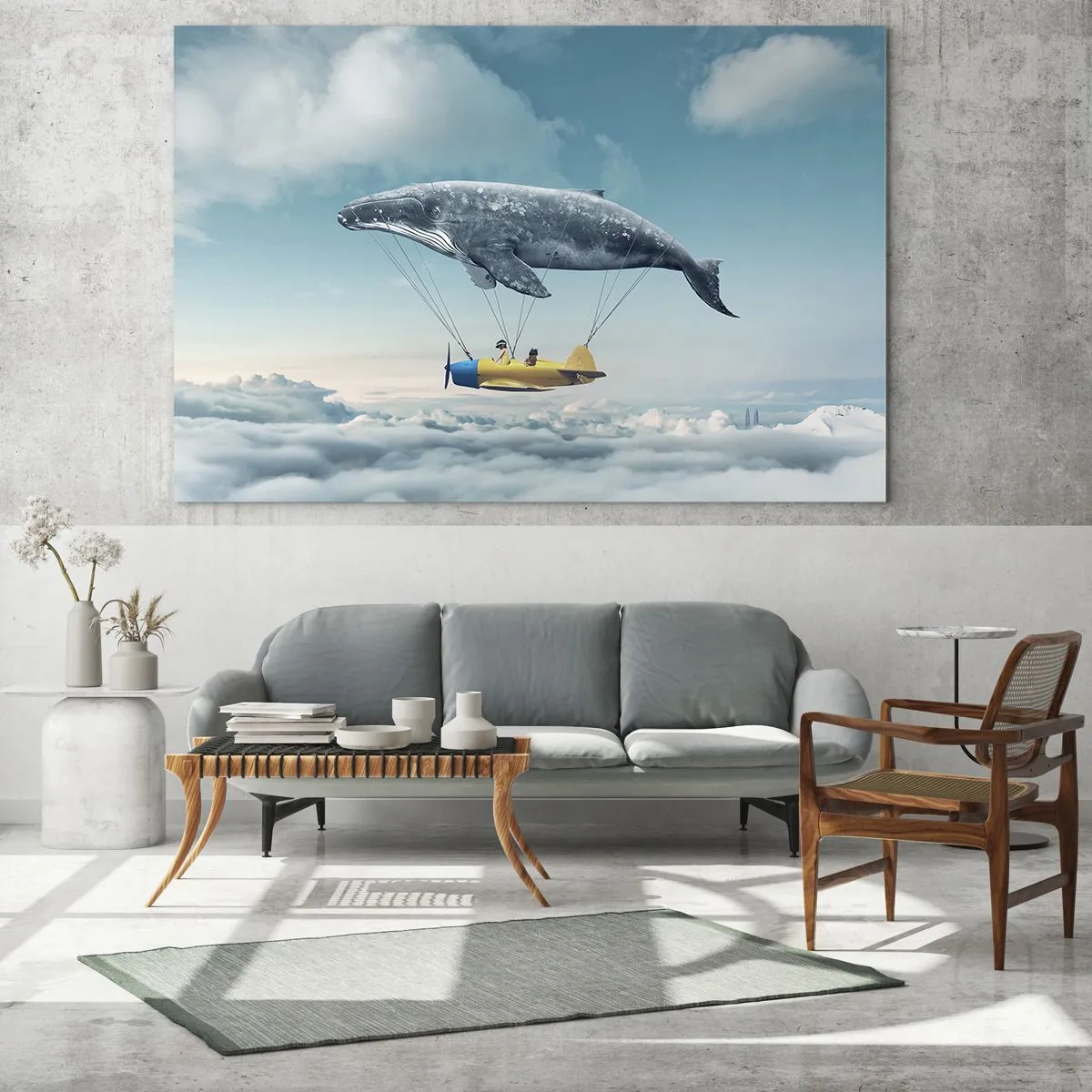 Quadro su vetro - Una balena solleva un aereo sopra le nuvole in un'ambientazione surreale. - 70x50cm - Perché no? - Decorazione murale moderna per soggiorno e camera da letto ARTTOR